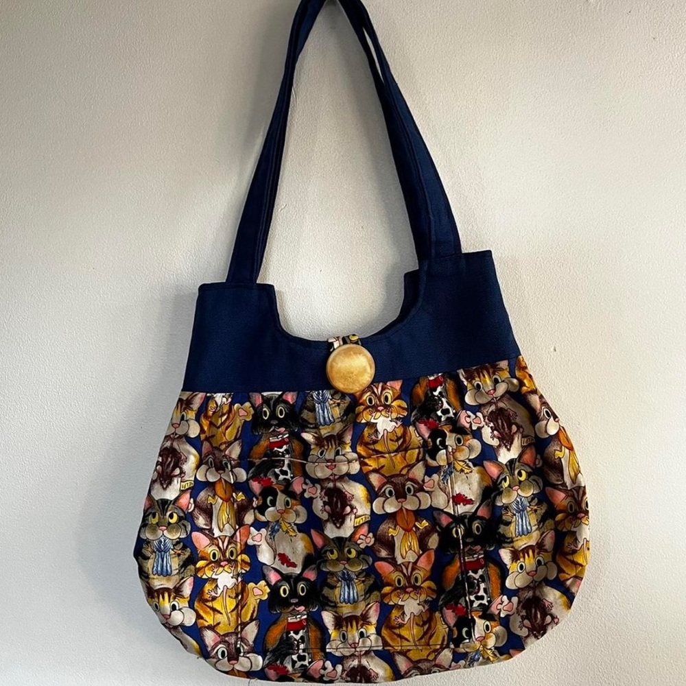 Colorful Cat print handmade shoulder bag with brown button detail